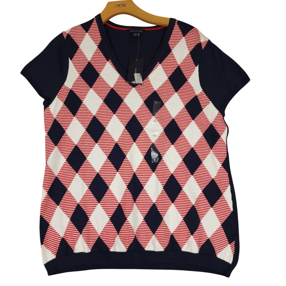 Tommy Hilfiger‎ Womens Argyle V-Neck Short Sleeve Sweater Navy Red A70334329 475